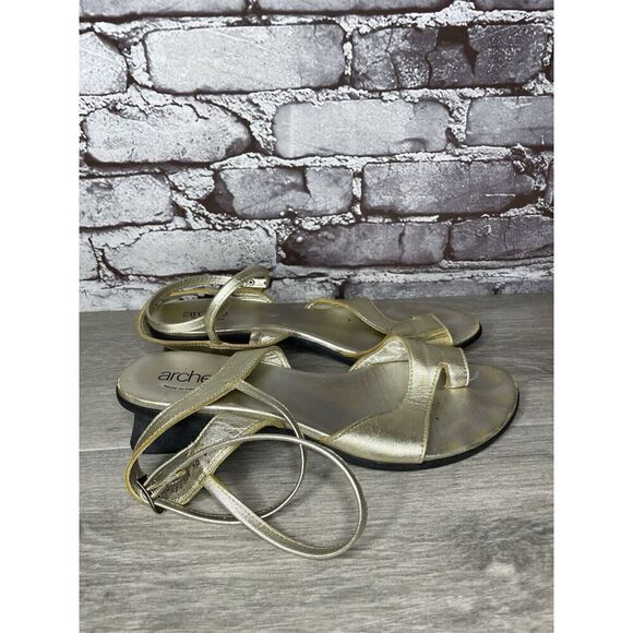 ARCHE France Gold Leather Strappy Wedge Toe Post Sandals Women Sz 41EU/10.5M US - Picture 3 of 16